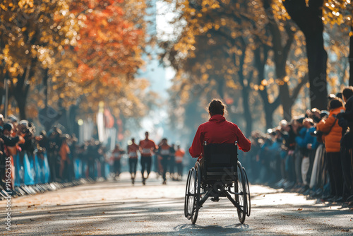 Wallpaper Mural Determination in Motion: A brave individual in a wheelchair pushes forward amidst cheers in a marathon on a vibrant autumn day. Torontodigital.ca