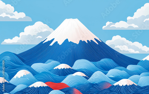 Mount Fuji, adorned with red accents, rises serene above blue waves and clouds in a flat Japanese-inspired design.