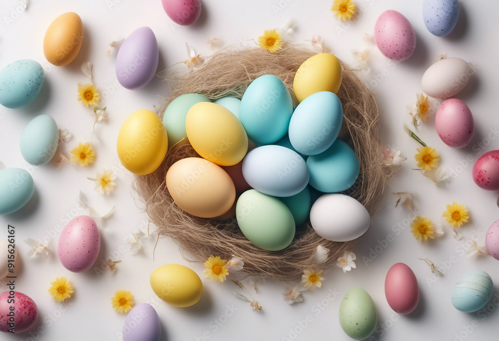 Easter banner with colorful Easter Egg double side border over a white background Top view with copy Easter banner with colorful Easter Egg double side border over a white background Top view with copy