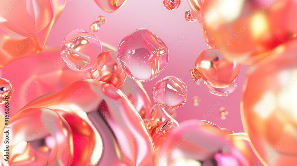 Intriguing abstract backdrop showcasing metallic blobs and floating shapes in various shades of pink and coral, complemented by hints of gold Intriguing abstract backdrop showcasing metallic blobs and floating shapes in various shades of pink and coral, complemented by hints of gold