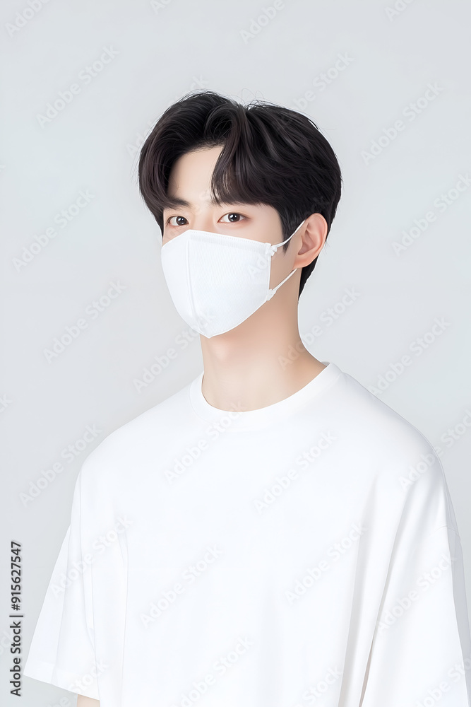 Young Man Wearing a Protective Face Mask for Health Safety in Minimalistic Setting Young Man Wearing a Protective Face Mask for Health Safety in Minimalistic Setting