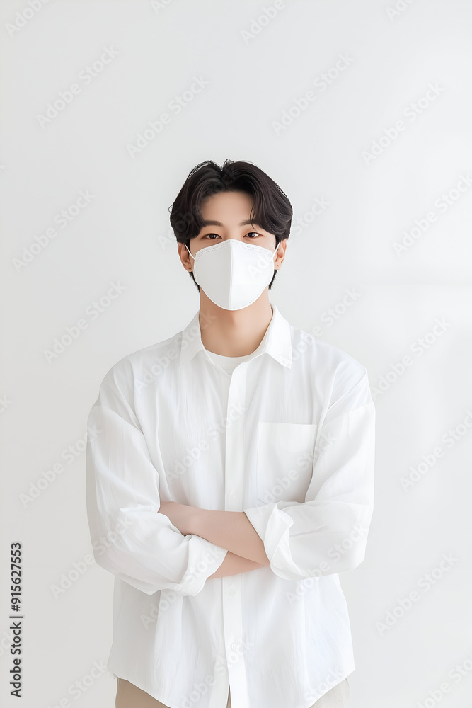 Young Man Wearing a Protective Face Mask for Health Safety in Minimalistic Setting Young Man Wearing a Protective Face Mask for Health Safety in Minimalistic Setting