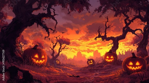 A spooky forest sunset with a haunted evil glowing eyes of Jack O' Lanterns