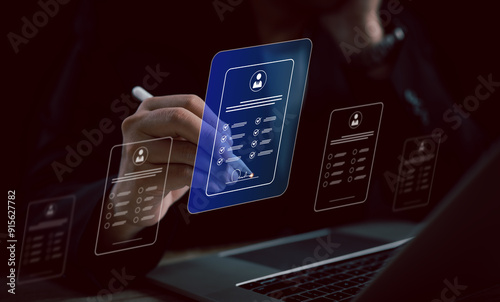 Human Resource Management (HR) concept: a businessman uses an interface for recruitment, leadership development, strategic customer targeting, company positions with precision and efficiency.