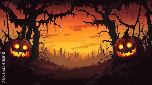 A spooky forest sunset with a haunted evil glowing eyes of Jack O' Lanterns