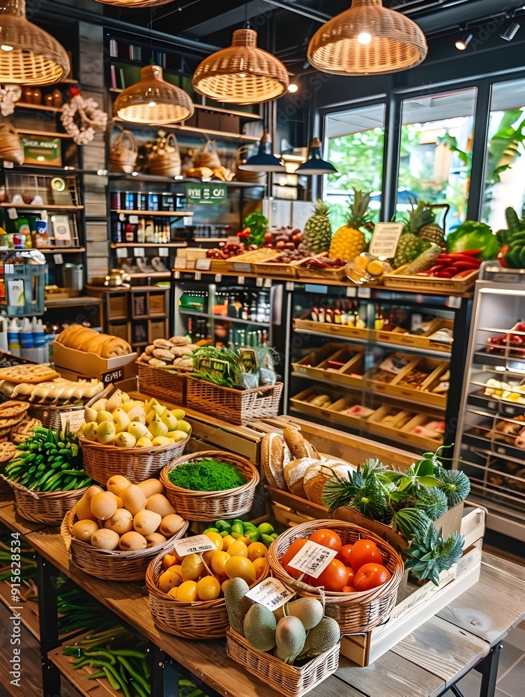 Fototapeta premium Fresh Produce and Bakery Display in a Cozy Shop.