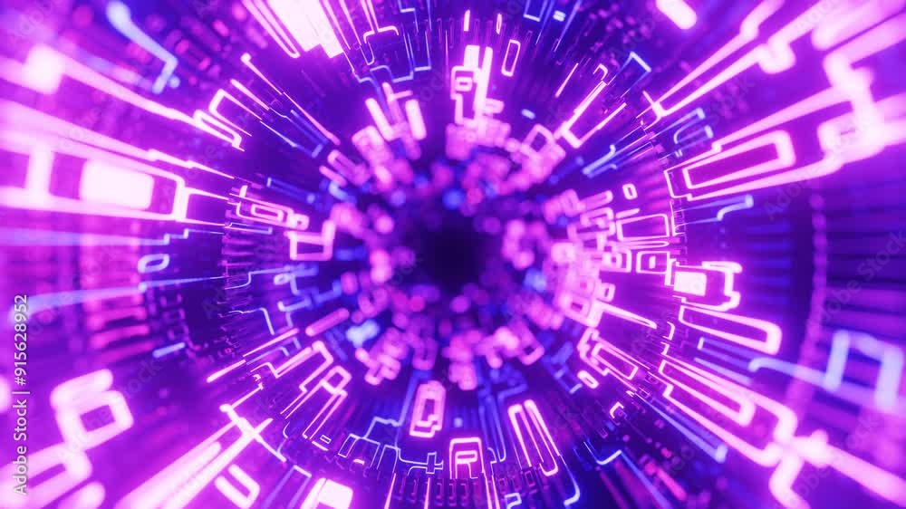 concentric structures. Fly through technology cyberspace with neon glow. Sci-fi flight through hi-tech technology tunnel. Hologram and neon light. 3d looped seamless 4k bright background. Data flow