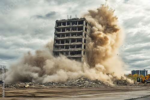 Sprengung eines alten Gebäudes mit kontrollierter Explosion photo