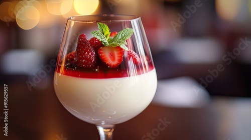 Beautiful panna cotta dessert in a glass, featuring a topping of ripe strawberries and a hint of mint
