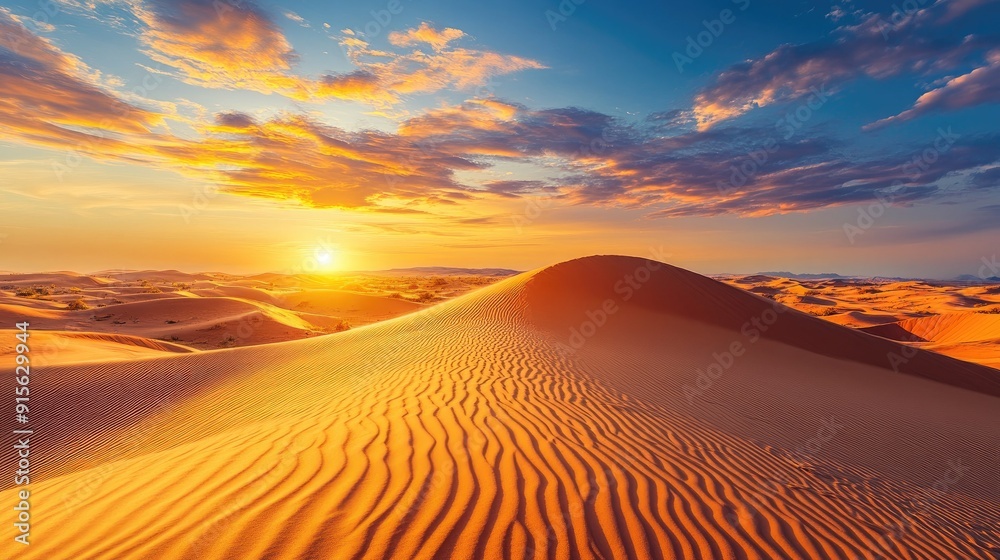 Breathtaking desert landscape with rolling sand dunes and a golden sunset, offering serene beauty Breathtaking desert landscape with rolling sand dunes and a golden sunset, offering serene beauty