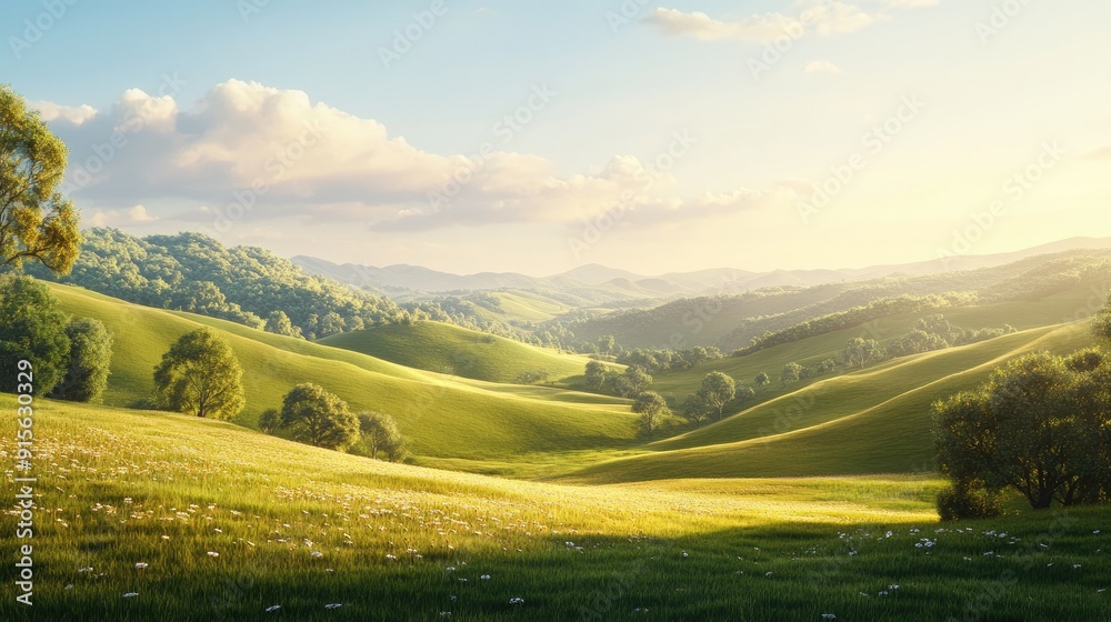 Calm countryside setting with smooth hills, clear skies, and a sense of peacefulness and simplicity