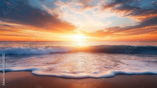 Calm and serene sunrise over a quiet beach, with gentle waves and a warm, glowing sky