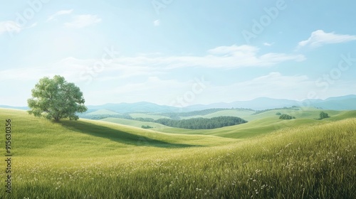 Calm countryside setting with smooth hills, clear skies, and a sense of peacefulness and simplicity