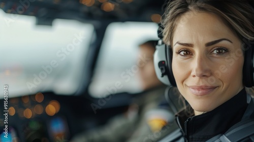 Female Pilot Smiling in Cockpit During Flight Preparation at Sunrise