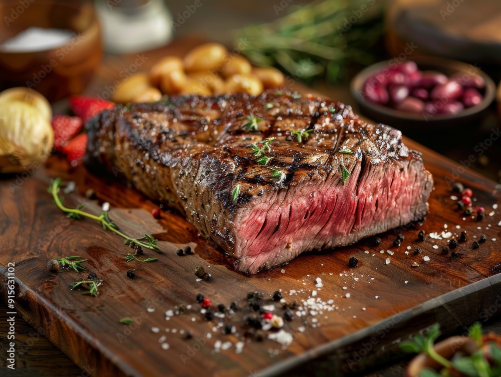 Grilled Steak on Wooden Cutting Board with Salt and Pepper Grilled Steak on Wooden Cutting Board with Salt and Pepper