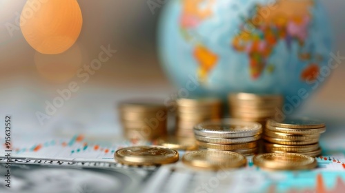 Golden Globe on Stacked Coins With City Skyline in Background at Sunset