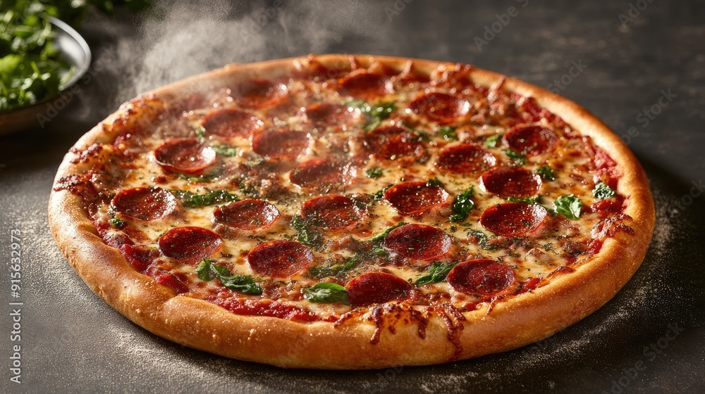 Hot, cheesy pepperoni pizza with a variety of toppings, steam rising to highlight its freshness Hot, cheesy pepperoni pizza with a variety of toppings, steam rising to highlight its freshness