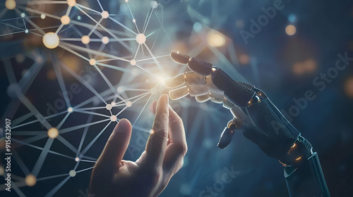 Wireframed robot hand and human hand touching digital sphere network on dark background ,creating renewable and sustainable eco energy with electrical sphere