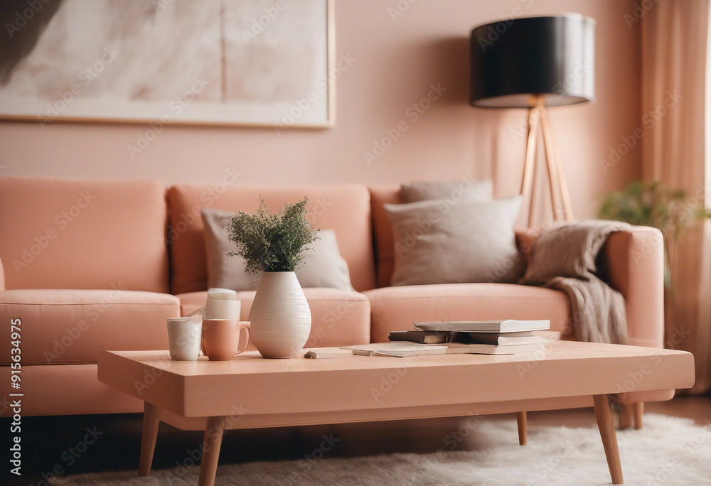 Minimal living room with wooden coffee table near sofa close-up Interior in trendy peach colors Minimal living room with wooden coffee table near sofa close-up Interior in trendy peach colors