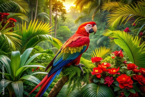 Vibrant macaw perches amidst lush green foliage, surrounded by exotic flowers, palms, and ferns, creating a kaleidoscope of bright colors and textures in a tropical paradise.