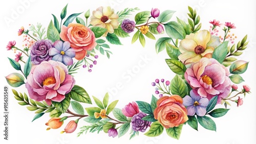 Delicate watercolor floral wreath adorned with vibrant flowers and lush green leaves, beautifully arranged in a circular frame, isolated on a crisp white background.