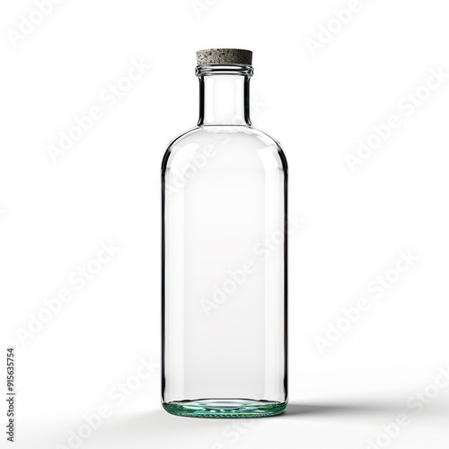 Clear Glass Bottle with Cork Stopper on White Background.