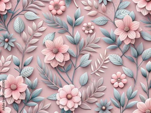 Delicate pink flowers and grey leaves dance across a soft pink background in a seamless 3D rendered pattern, creating a beautiful and elegant floral design.