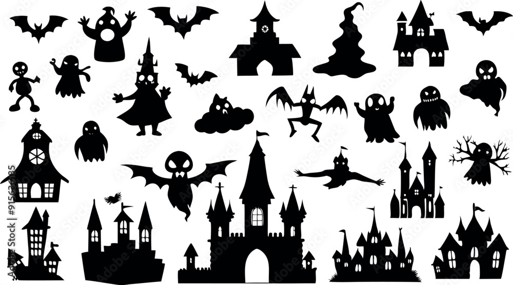 Set of silhouettes of Halloween on a white background. template and decoration. Vector illustration Set of silhouettes of Halloween on a white background. template and decoration. Vector illustration