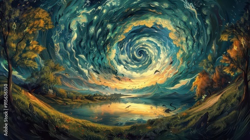 Paint a mesmerizing landscape with mystical creatures in a swirling, dreamy Impressionistic style Capture a worms-eye view for a unique perspective photo