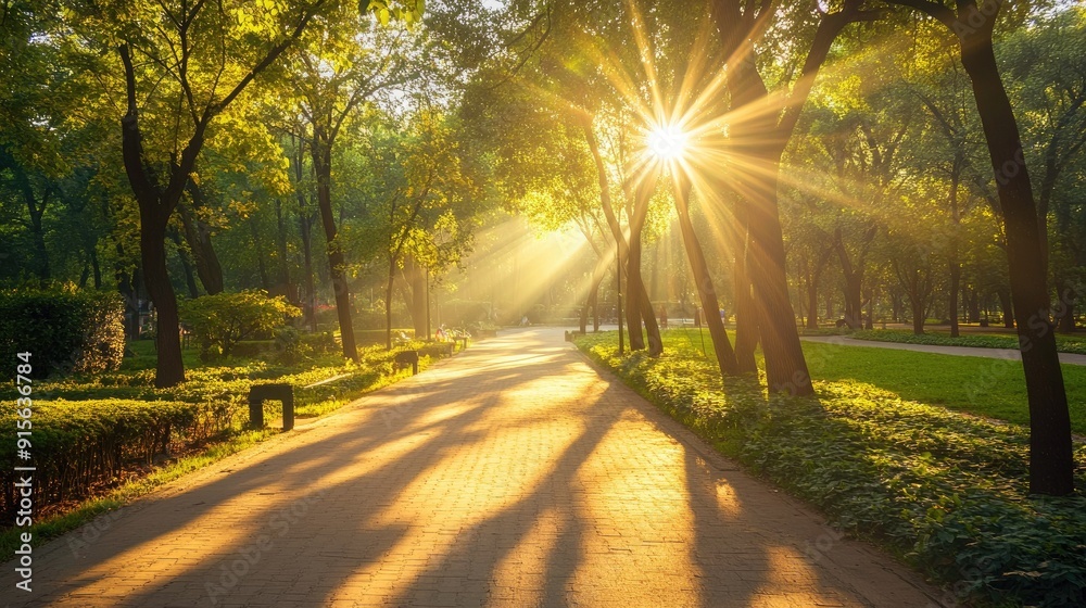Obraz premium Scenic sunlit walkway in a park, with rays of sunlight filtering through trees and casting a warm glow