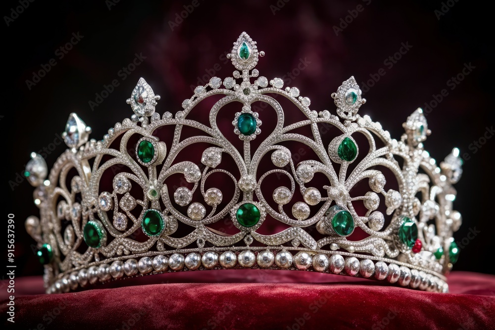 Obraz premium Exquisite silver tiara adorned with intricate filigree, sparkling diamonds, and delicate gemstones, resting on a velvet pedestal, evoking opulence and regal sophistication.