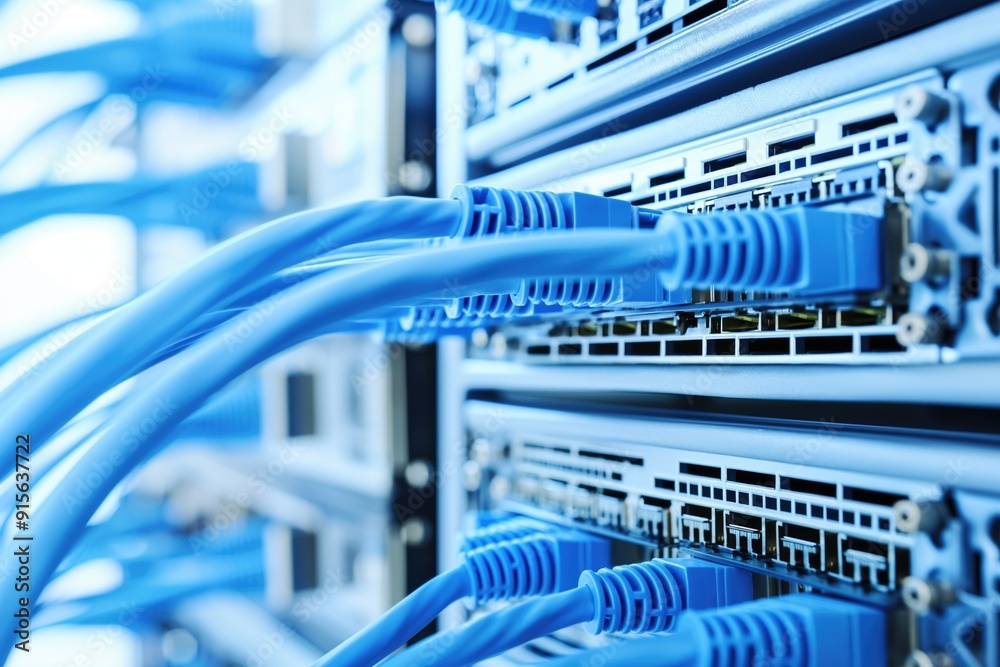 A network of blue Ethernet cables links various data servers, creating a vibrant, organized display of advanced technology and connectivity in a cutting-edge facility A network of blue Ethernet cables links various data servers, creating a vibrant, organized display of advanced technology and connectivity in a cutting-edge facility
