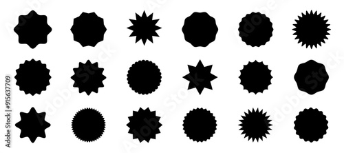 Black sale stickers big set isolated on white background. Promo product labels templates, starburst, sunburst badges. Vector design elements for price tag, quality mark, shop poster, web design, decor