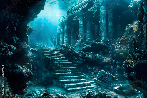 lost civilization of atlantis sunken ancient greek city deep in the ocean / underwater