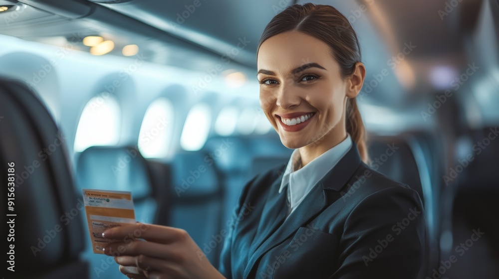 Beautiful female cabin crew greeting passengers on airplane, Air hostess service. Stewardess working. Beautiful female cabin crew greeting passengers on airplane, Air hostess service. Stewardess working.