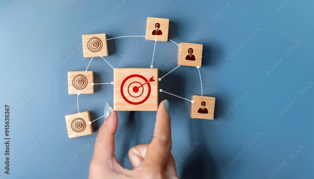 Customer relationship management concept. wooden block with target icon linked with human icons for customer focus group. Data exchanges development and customer service, Data exchanges development Customer relationship management concept. wooden block with target icon linked with human icons for customer focus group. Data exchanges development and customer service, Data exchanges development