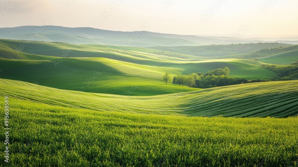 Tranquil countryside view with gentle hills, a clear horizon, and vibrant green fields Tranquil countryside view with gentle hills, a clear horizon, and vibrant green fields