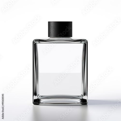 Clear Glass Bottle with Black Lid on White Background.