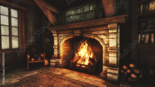 Cozy fireplace with crackling flames