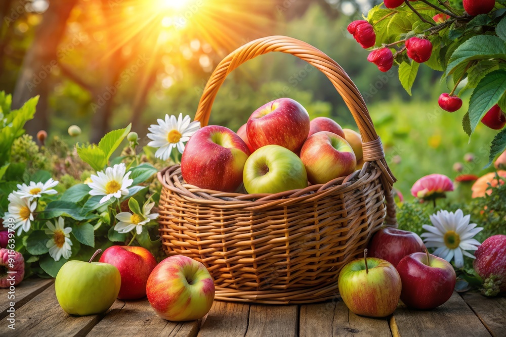 Vibrant red and green apples overflowing from a rustic wicker basket surrounded by lush greenery and sun-kissed flowers in a serene garden setting.