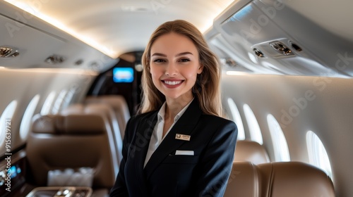 Beautiful female cabin crew air hostess smiling at the camera, Flight attendant private jet luxury airline.