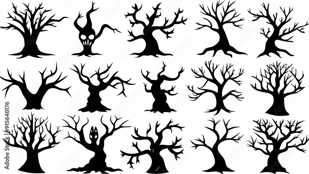 Set of silhouettes of Halloween Spooky Trees