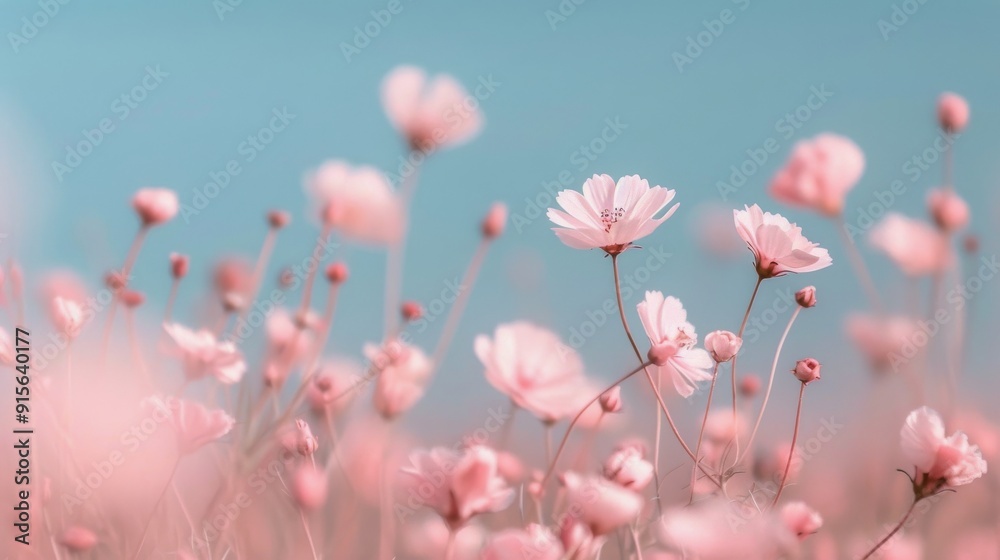 Vibrant Pink Wildflowers Blooming Under Clear Sky in Desert Valley Vibrant Pink Wildflowers Blooming Under Clear Sky in Desert Valley