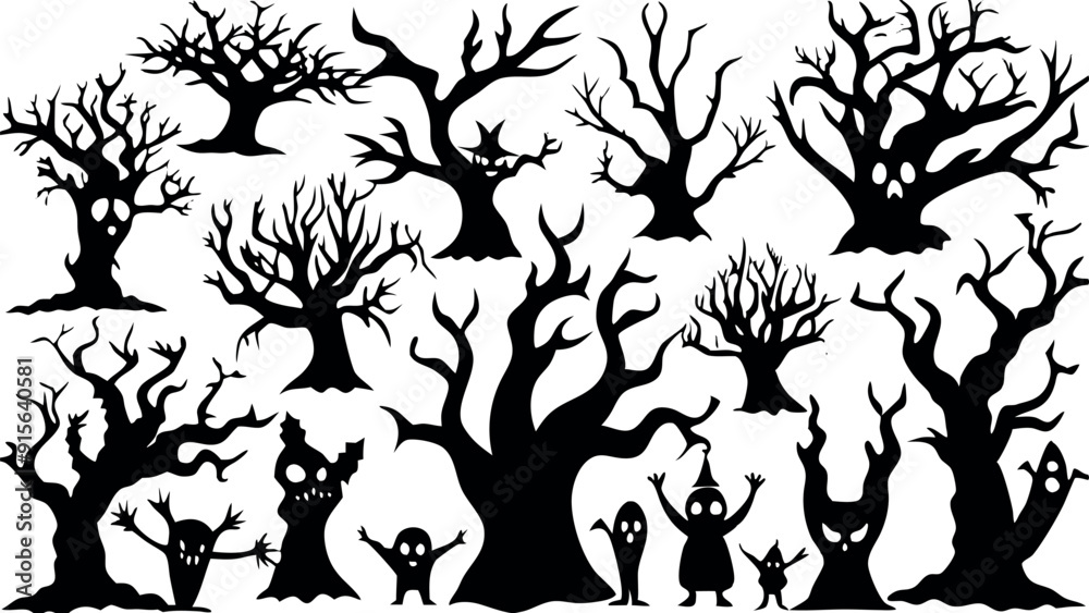 Set of silhouettes of Halloween Spooky Trees