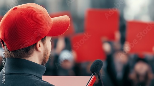 A community activist at a podium, rallying support for a cause during a public event
