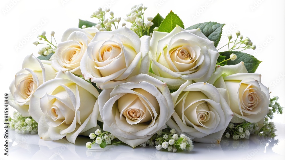 Exquisite white roses bouquet with delicate petals and greenery arranged artfully against a pristine white background, perfect for expressing love and elegance. Exquisite white roses bouquet with delicate petals and greenery arranged artfully against a pristine white background, perfect for expressing love and elegance.