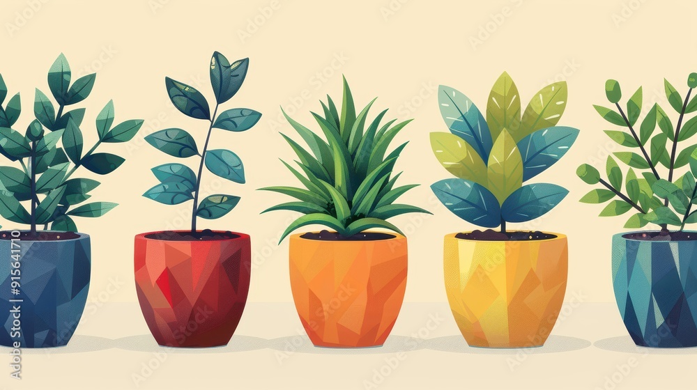 Simple geometric pattern of small potted plants with clean lines and subtle earth tones. Simple geometric pattern of small potted plants with clean lines and subtle earth tones.