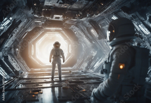 The astronaut is looking at the huge illuminator and an unknown spaceship interior at an empty galax