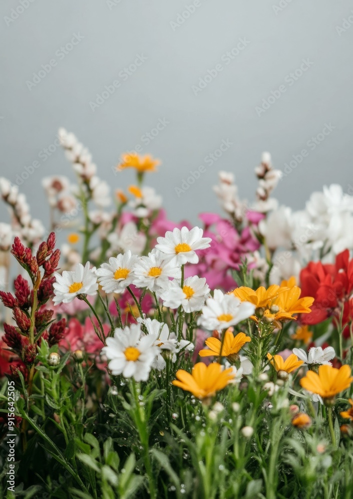 Obraz premium Colorful Wildflowers with Dew Drops in a Vibrant Spring Meadow, Close-Up during Morning