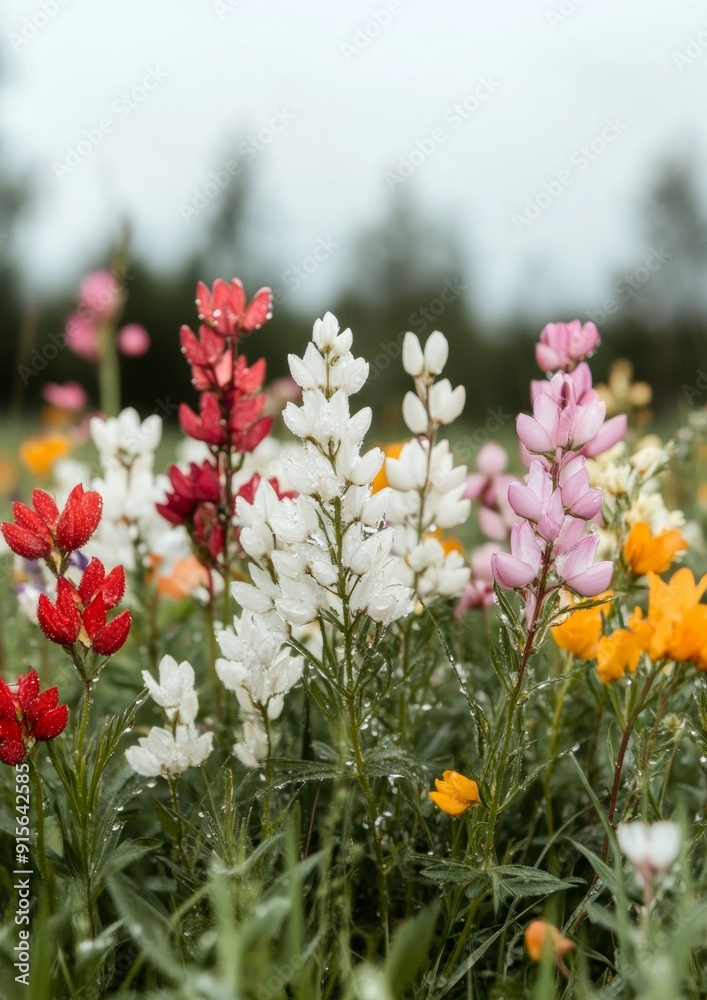 Vibrant Spring Meadow Colorful Wildflowers with Dewdrops in a Fresh, Morning Setting